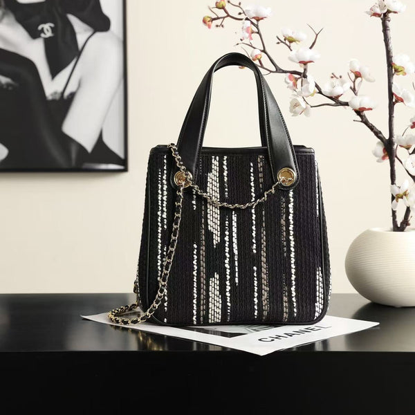 CC Mini Tote Bag Gold-Tone Chain Strap 21 cm Striped Canvas