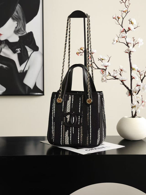 CC Mini Tote Bag Gold-Tone Chain Strap 21 cm Striped Canvas