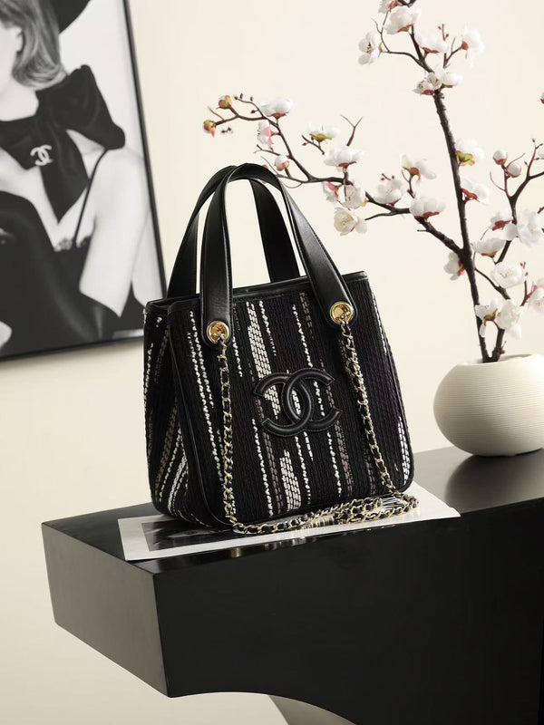 CC Mini Tote Bag Gold-Tone Chain Strap 21 cm Striped Canvas