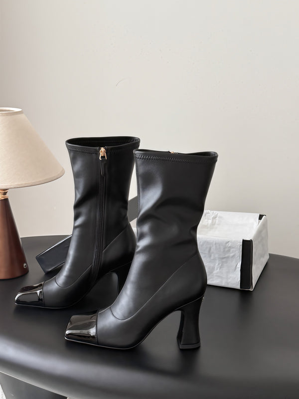 CC High Boots 85mm Block Heel Square Toe Patent in Black Cowhide