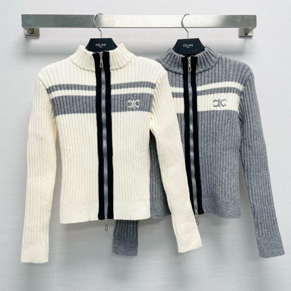 Celine 26FW Ribbed-Knit Zip-Up Cardigan Stripe Wool 440311