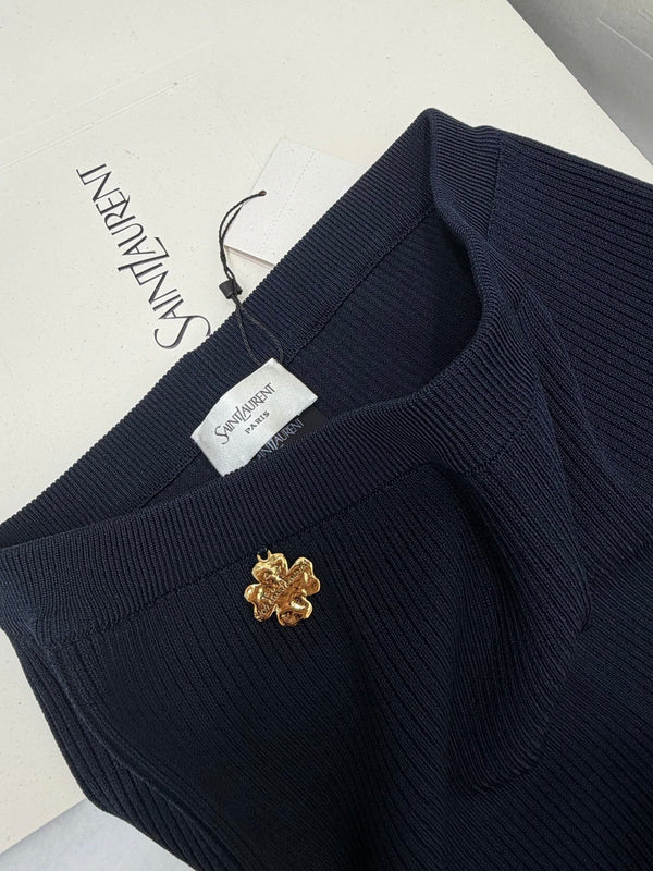 YSL Biker Shorts Dark Blue Wool-Knit Rayon Nylon