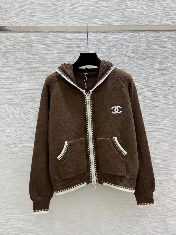 CC 26FW CC Logo Zip-Up Hooded Cardigan Sweater Contrast Whipstitch Wool 313549