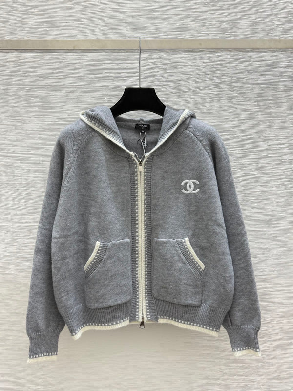 CC 26FW CC Logo Zip-Up Hooded Cardigan Sweater Contrast Whipstitch Wool 313549