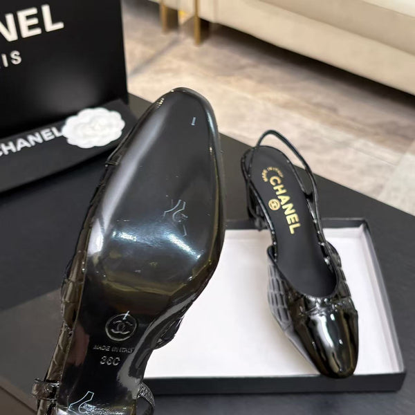 CC 26FW Cap-Toe Slingback Pumps Crocodile-Embossed Patent Calfskin
