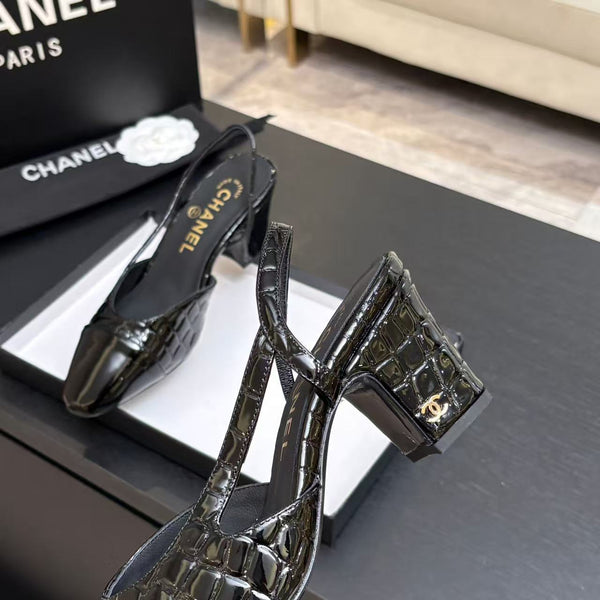 CC 26FW Cap-Toe Slingback Pumps Crocodile-Embossed Patent Calfskin