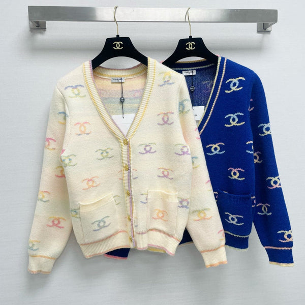 CC 26FW V-Neck Cardigan All-Over Rainbow Double-C Jacquard Wool 446706