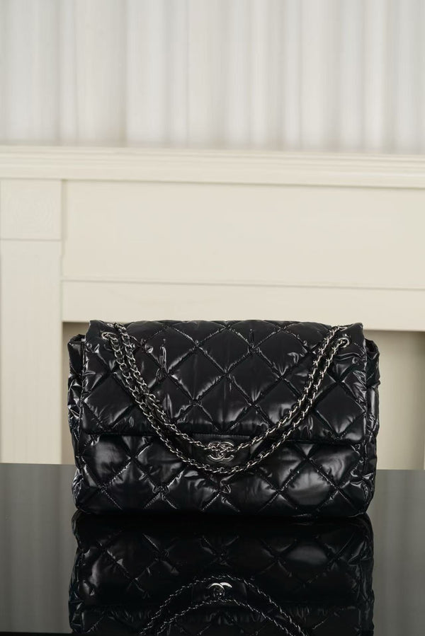 CC 26FW Coco Neige Maxi Flap Bag 38cm Black Glossy Nylon