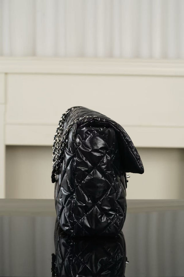 CC 26FW Coco Neige Maxi Flap Bag 38cm Black Glossy Nylon