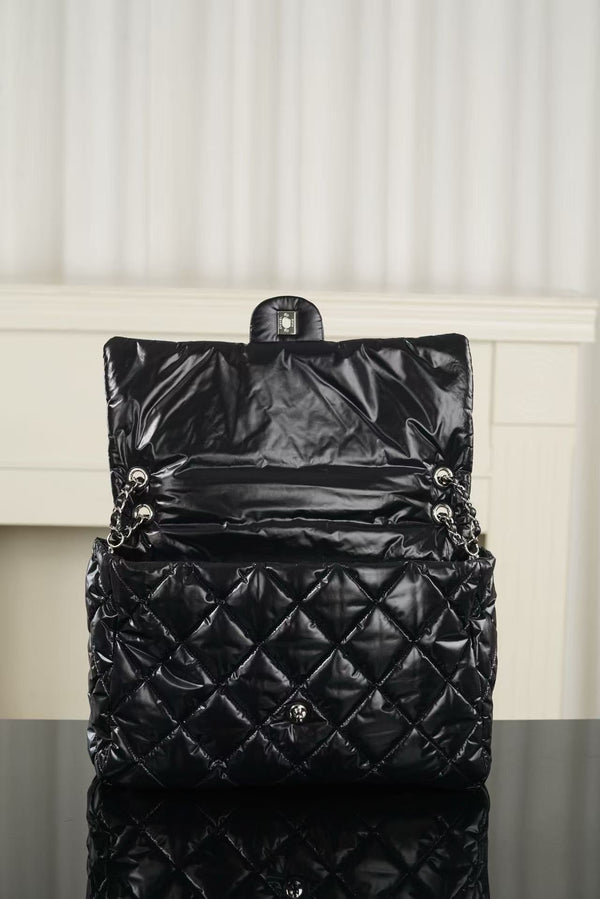 CC 26FW Coco Neige Maxi Flap Bag 38cm Black Glossy Nylon