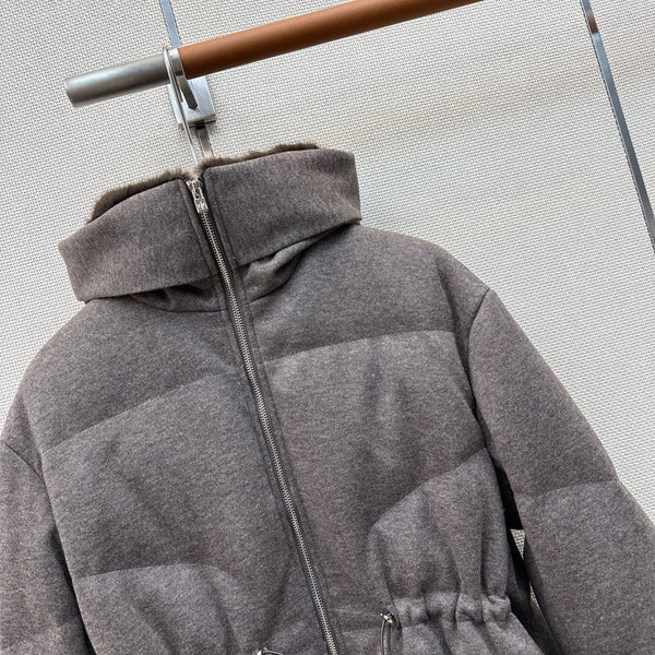 LP 26S Hooded Down Parka Fur Trim Drawstring Waist Wool Blend