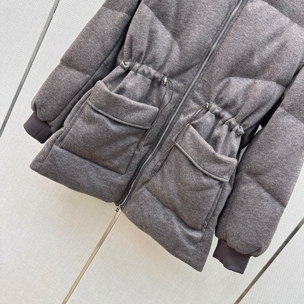LP 26S Hooded Down Parka Fur Trim Drawstring Waist Wool Blend