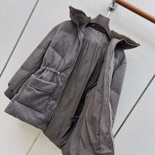 LP 26S Hooded Down Parka Fur Trim Drawstring Waist Wool Blend