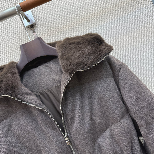 LP 26S Hooded Down Parka Fur Trim Drawstring Waist Wool Blend