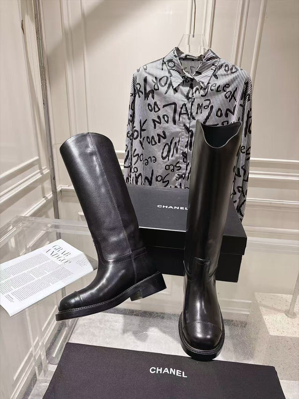 CC 26FW Riding Boots Embossed Logo Black Cowhide