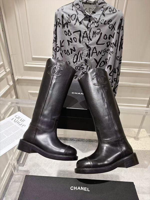 CC 26FW Riding Boots Embossed Logo Black Cowhide
