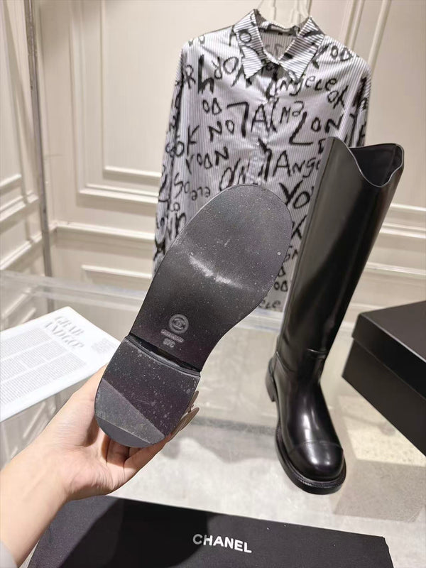 CC 26FW Riding Boots Embossed Logo Black Cowhide