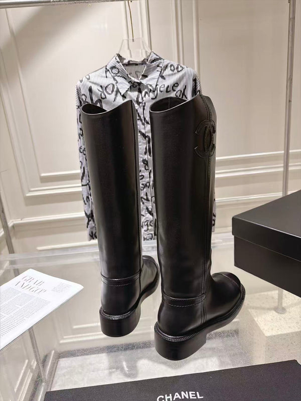 CC 26FW Riding Boots Embossed Logo Black Cowhide