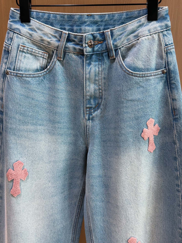 CH 26s Light Blue Pink Cross Patch Denim Wide-Leg Jeans 447670