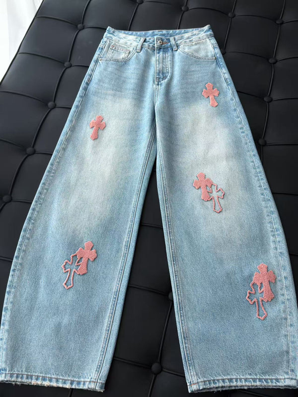 CH 26s Light Blue Pink Cross Patch Denim Wide-Leg Jeans 447670