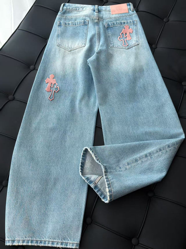 CH 26s Light Blue Pink Cross Patch Denim Wide-Leg Jeans 447670