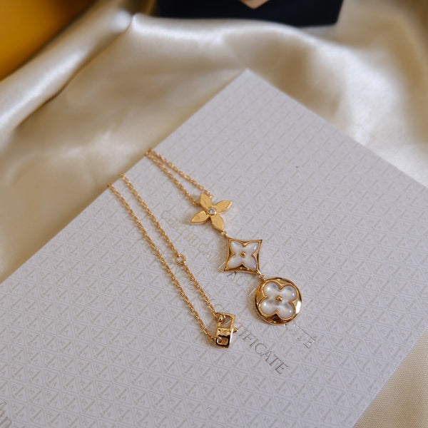 COLLANA LARIAT COLOR BLOSSOM ORO ROSA MADREPERLA BIANCA E DIAMANTI