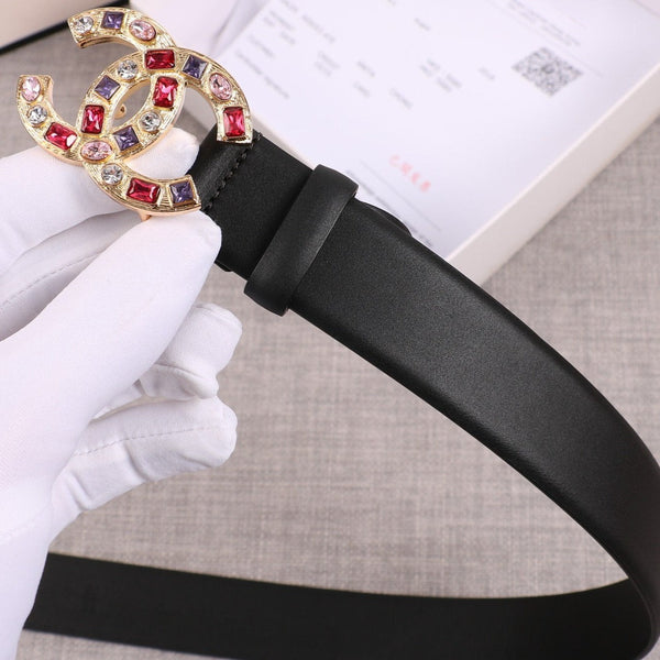 CC WOMEN'S BELT BUCKLE GOLD BLACK LEATHER 3.0CM