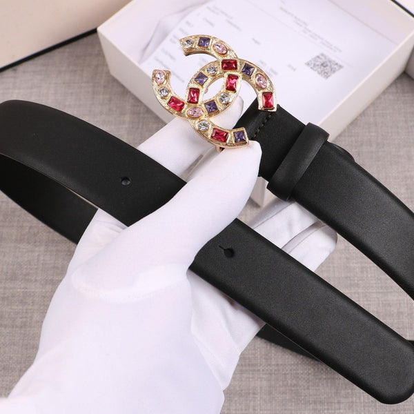 CC WOMEN'S BELT BUCKLE GOLD BLACK LEATHER 3.0CM