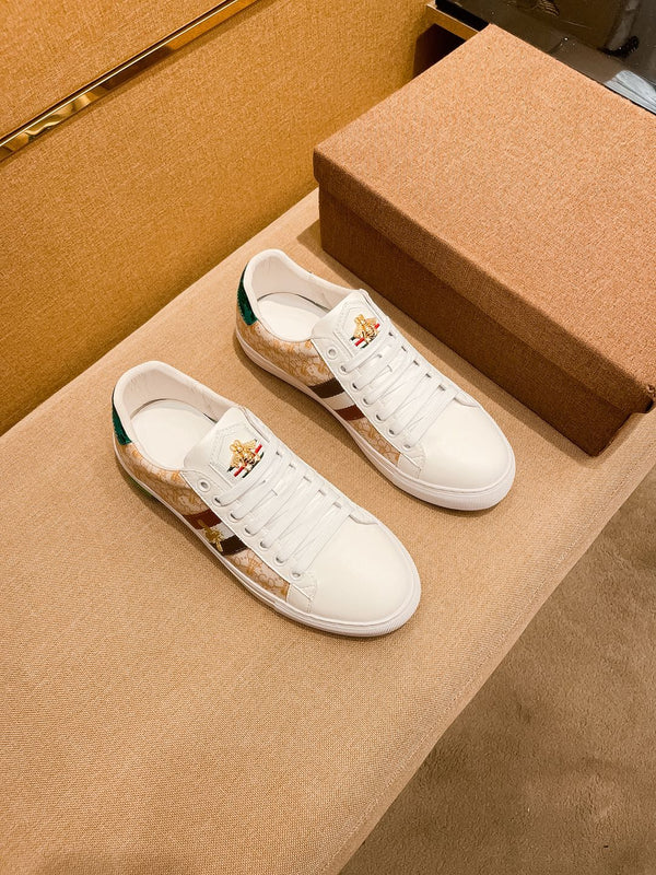 GG ACE EMBROIDERED BEE BEIGE LEATHER