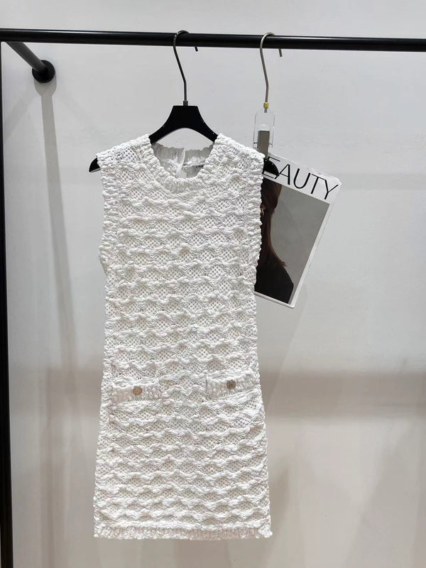 Chanel 25 White Knitted Viscose Fiber Mid-Length Dress