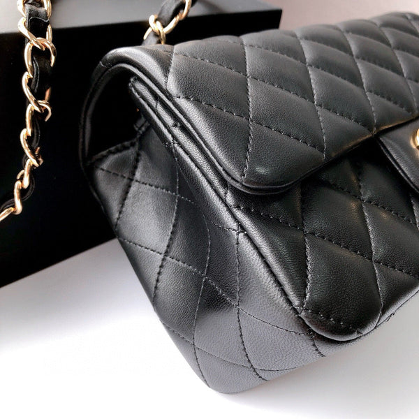 MINI RECTANGLE FLAP BAG 20CM BLACK LAMBSKIN GOLD HARDWARE