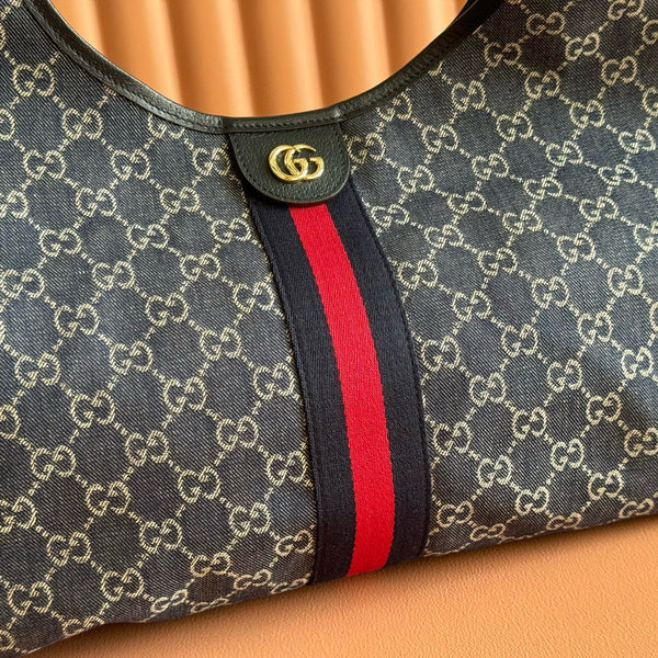 Gucci Giglio Large Tote Bag Blue and Red Denim