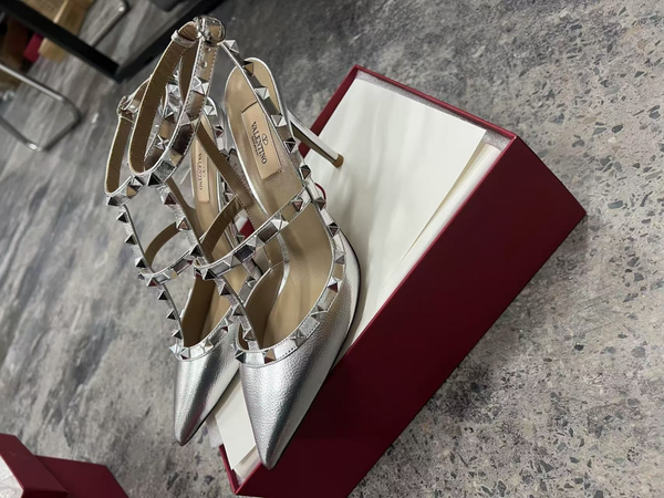 Valentino Rockstud Caged Pumps 95mm Pelle di vitello argento