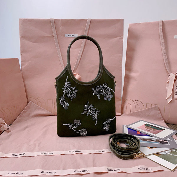 MIU IVY GABARDINE BAG 24CM IN OLIVE GREEN EMBROIDERED COTTON