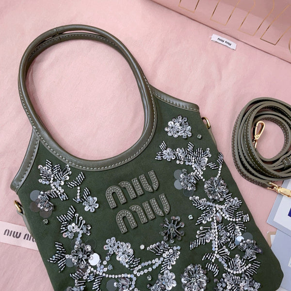 MIU IVY GABARDINE BAG 24CM IN OLIVE GREEN EMBROIDERED COTTON