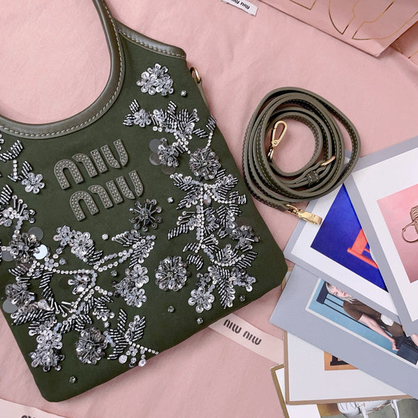 MIU IVY GABARDINE BAG 24CM IN OLIVE GREEN EMBROIDERED COTTON