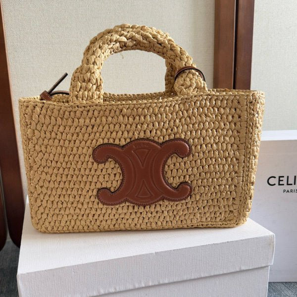 Borsa a mano Celine Cabas Thais in materiale vegetale beige e pelle di mucca marrone