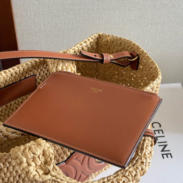 Celine Cabas Thais Handbag Beige mix Brown Plant Material And Cow Leather