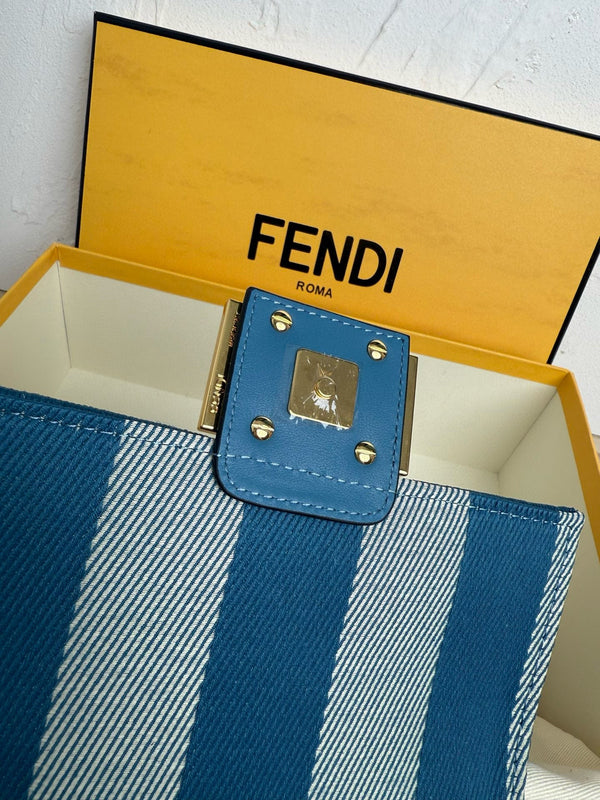 Fend Baguette 19cm Bag Gold Hardware in Blue Denim Leather with FF Motif Shw