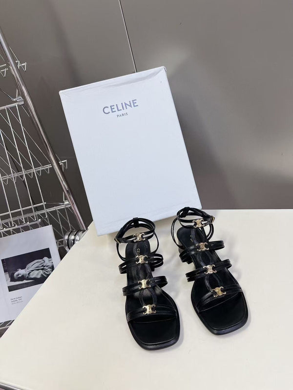 CL Clemence Triomphe Multi Sandal Gold Logo In Black Calfskin