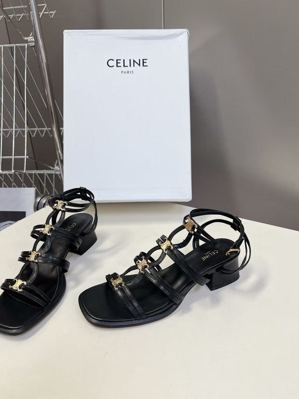 CL Clemence Triomphe Multi Sandal Gold Logo In Black Calfskin
