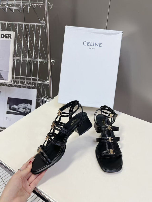 CL Clemence Triomphe Multi Sandal Gold Logo In Black Calfskin