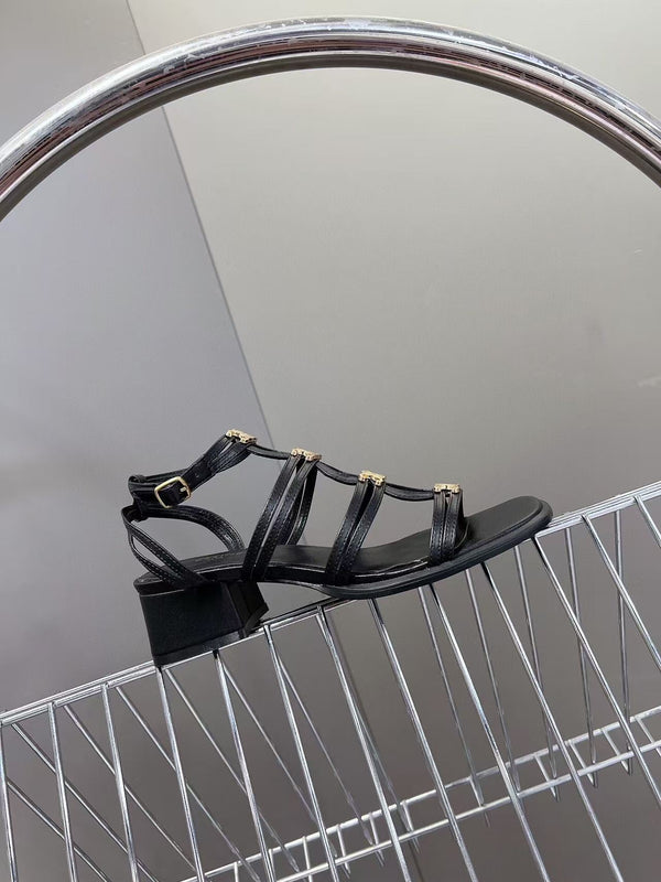 CL Clemence Triomphe Multi Sandal Gold Logo In Black Calfskin