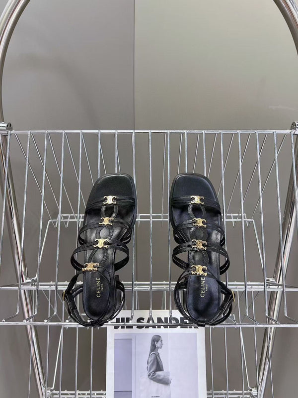 CL Clemence Triomphe Multi Sandal Gold Logo In Black Calfskin