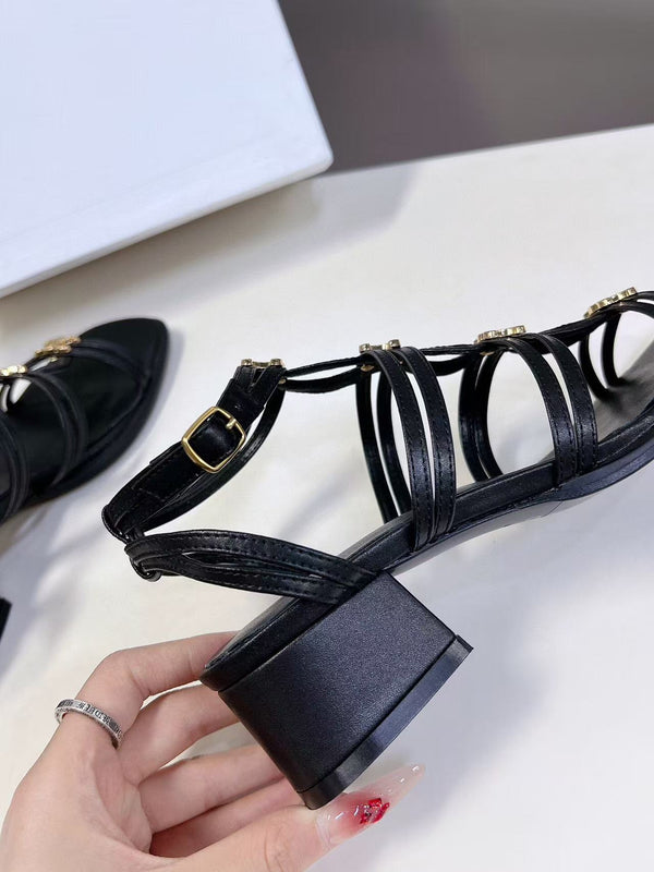 CL Clemence Triomphe Multi Sandal Gold Logo In Black Calfskin