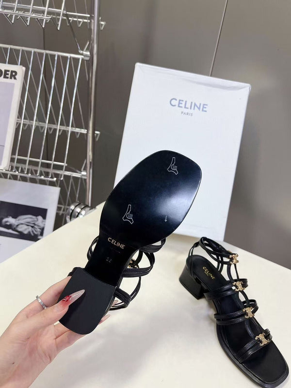 CL Clemence Triomphe Multi Sandal Gold Logo In Black Calfskin