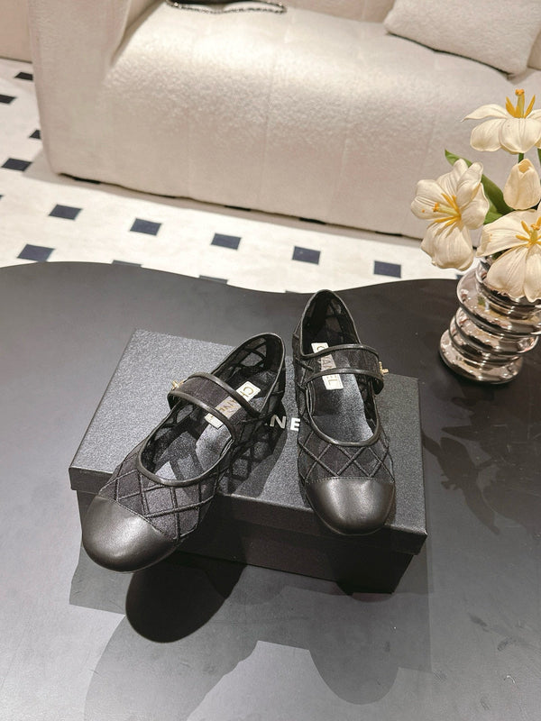Chanel Mary Janes Flats Black Mesh Leather