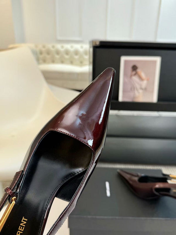 YSL Pointed Toe Slingback 75mm Burgundy Patent Calfskin