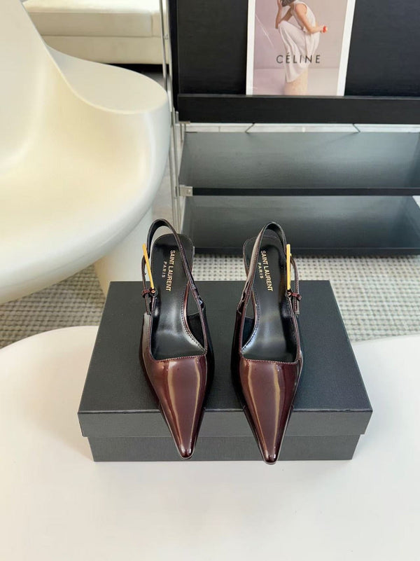 YSL Pointed Toe Slingback 75mm Burgundy Patent Calfskin