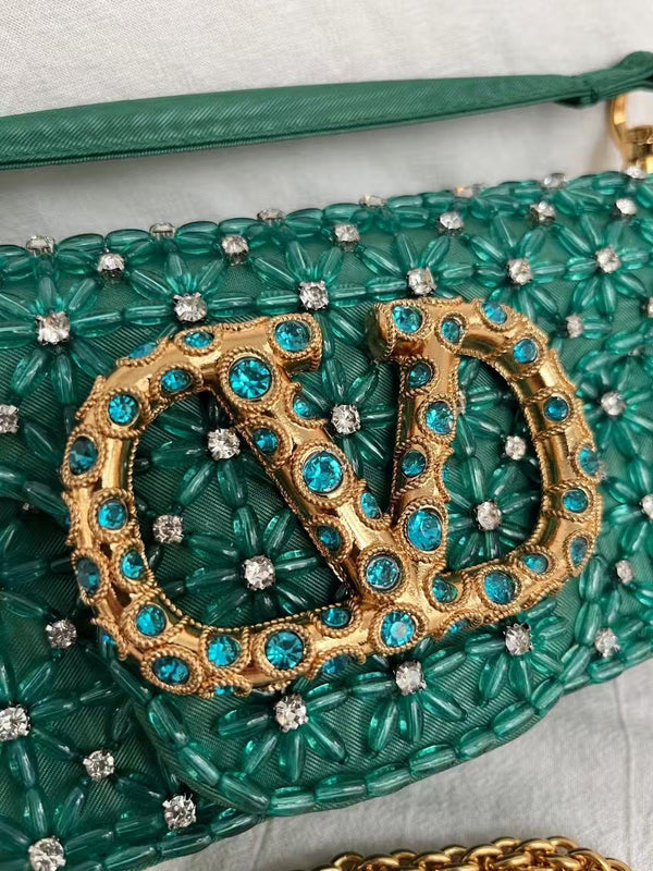 VLTN Locò Shoulder Bag Emerald Green Embroidered Satin